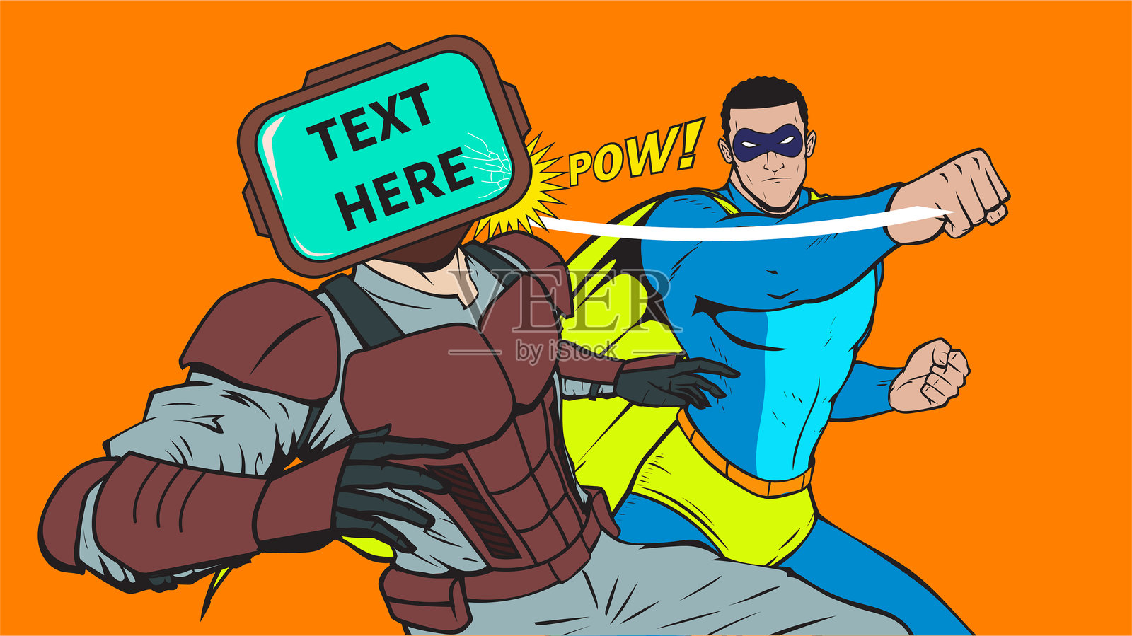 矢量波普艺术超级英雄击打反派的插图插画图片素材