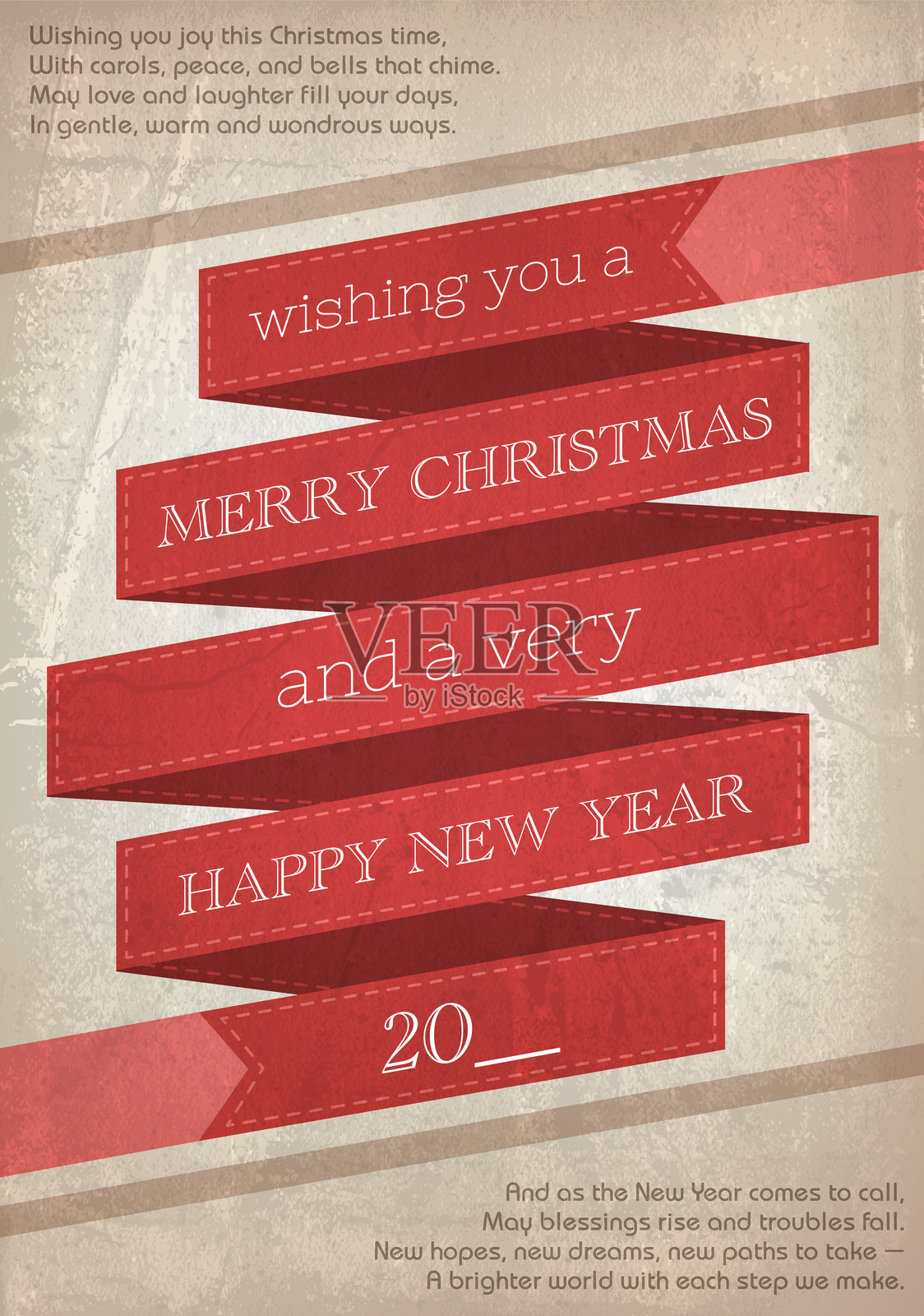 复古风格的圣诞和新年贺卡，带有红色丝带横幅和节日祝福，背景为纹理效果，特色装饰性排版和季节性祝福插画图片素材