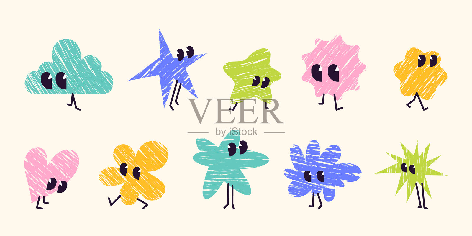 一组有趣的卡通抽象角色，带有纹理填充插画图片素材