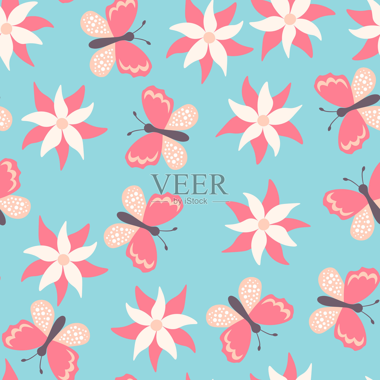 无缝盛开的花卉图案，基于手绘艺术装饰。色彩斑斓的花朵、叶子和植物在彩色背景上。矢量插图。简单的极简图案，适用于面料和纺织品。插画图片素材