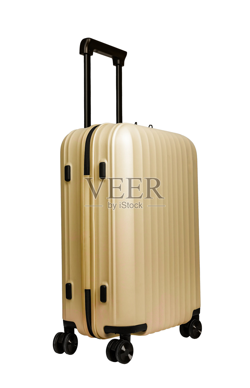 旅行准备好的行李箱。金色旋转手提箱，完美适合度假或商务旅行。照片摄影图片