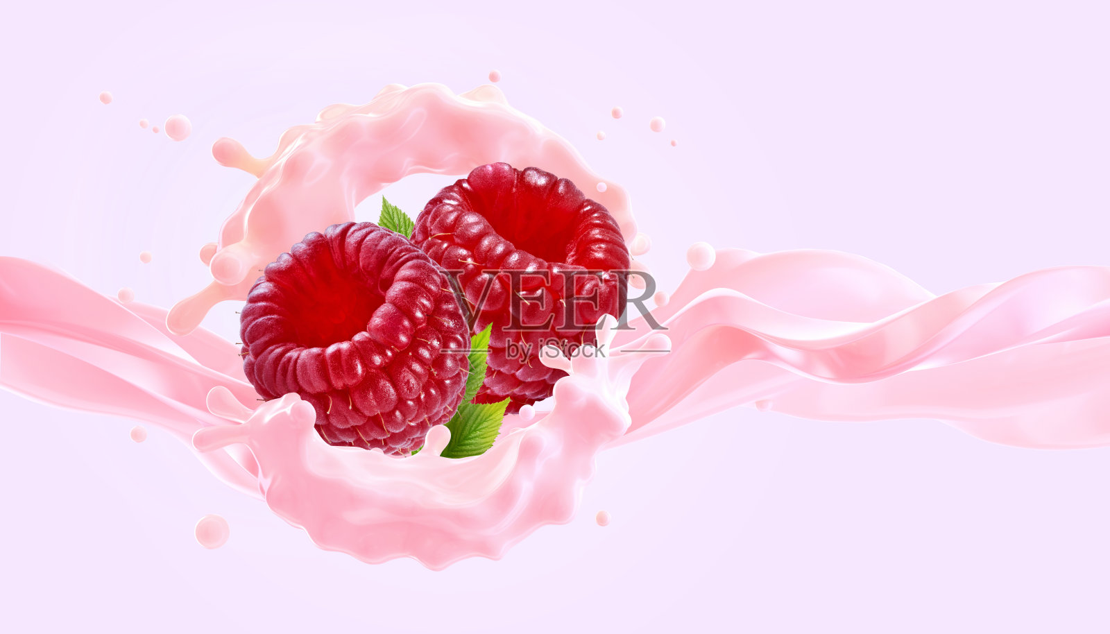 成熟的覆盆子，粉色浆果酸奶飞溅，背景为浅紫色照片摄影图片