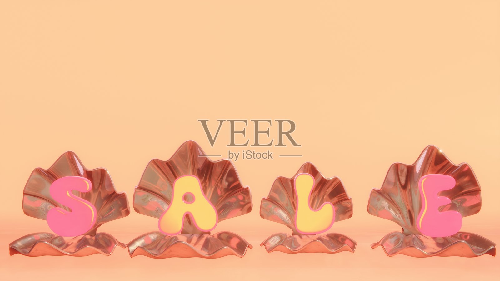 夏季3D横幅促销海报模型背景，贝壳珍珠牡蛎折扣信息图，社交媒体广告海报，海滩海洋，1970年代粉色女孩风格，复古时尚，酷炫霓虹卡通照片摄影图片