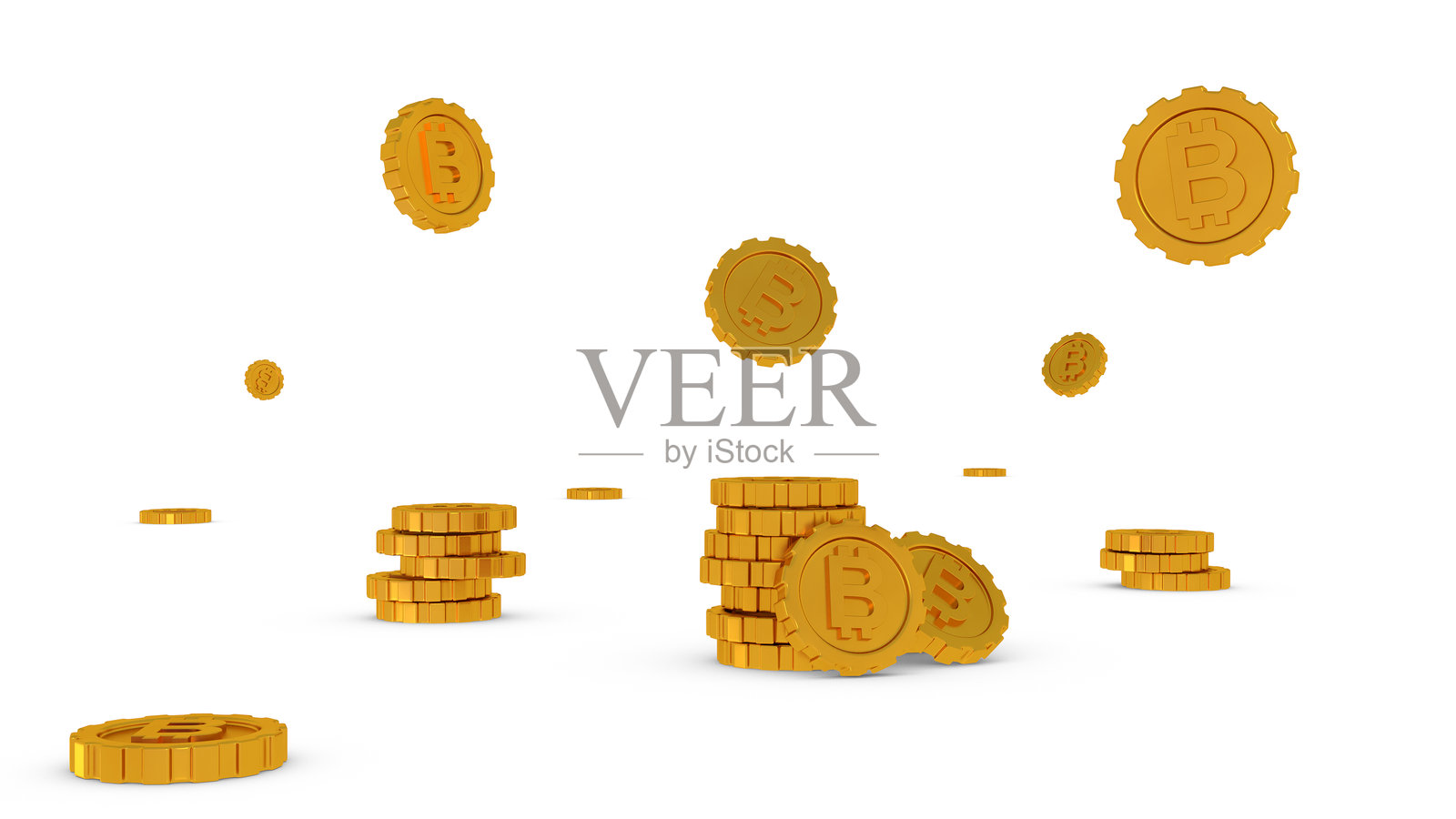 金色比特币硬币散落并堆叠在白色背景上照片摄影图片