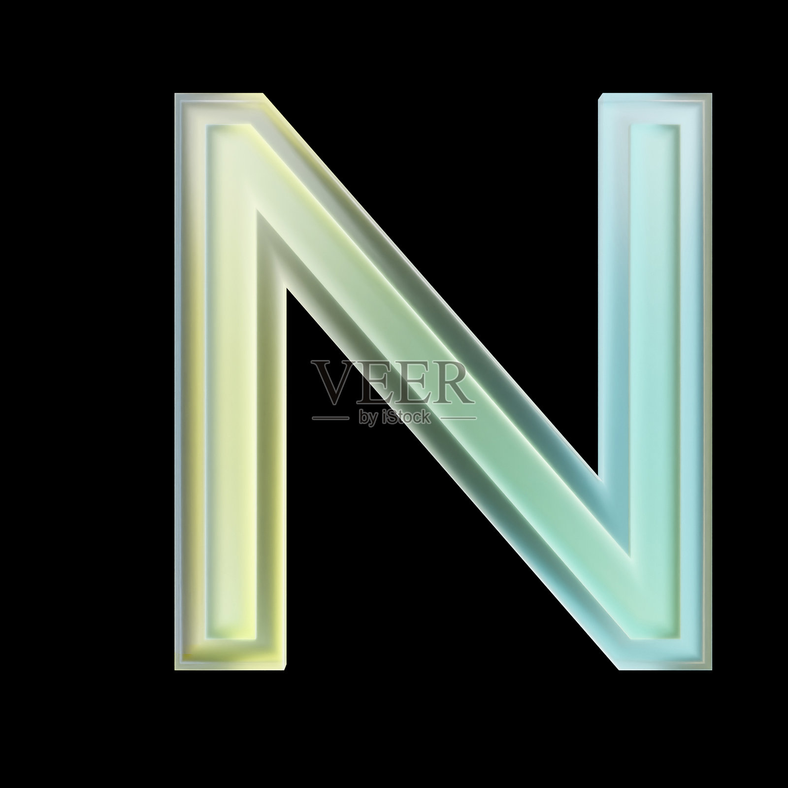 黑色背景上带有全息渐变的3D渲染大写字母N照片摄影图片