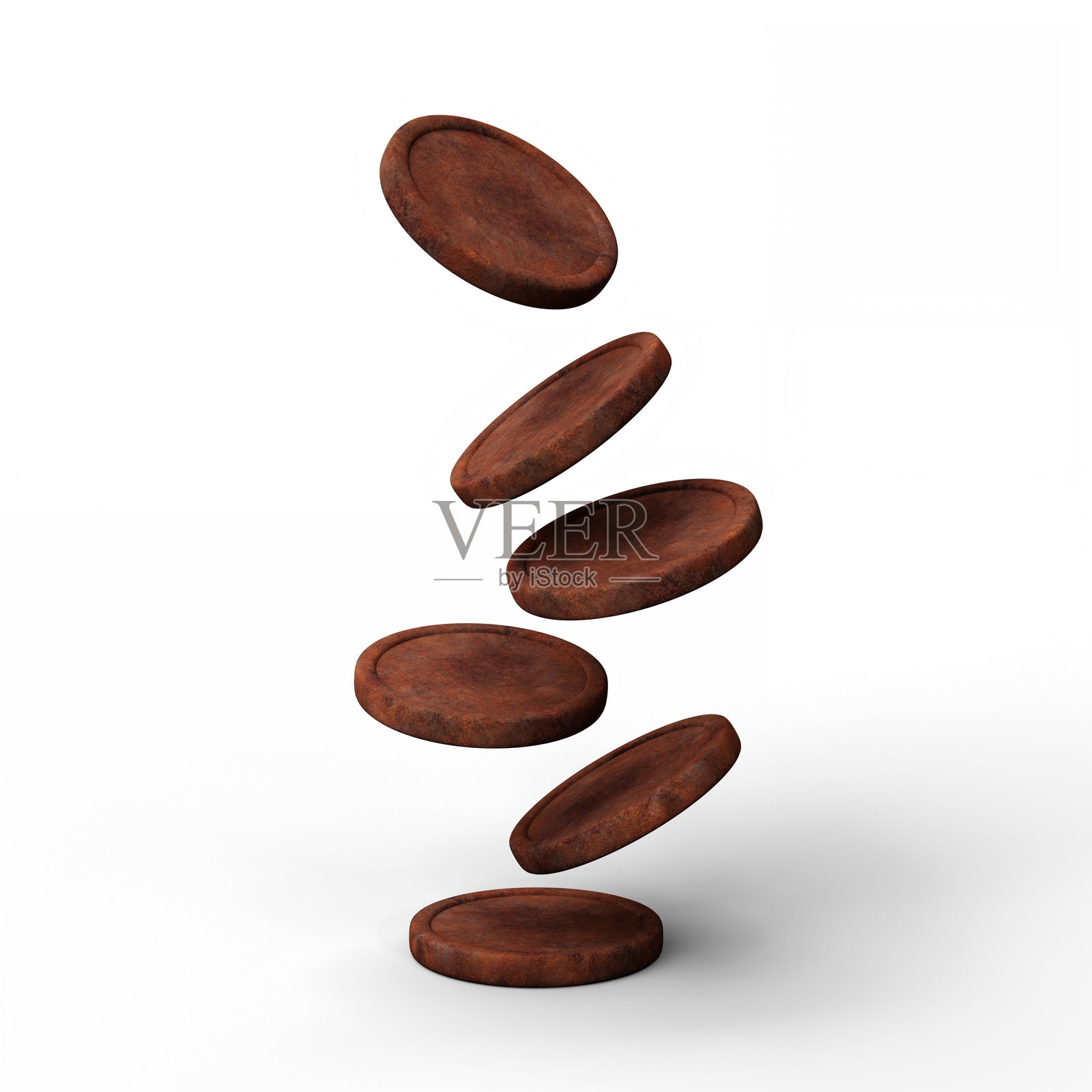 一堆生锈的金属硬币，背景为白色。文件带有抠图路径。照片摄影图片