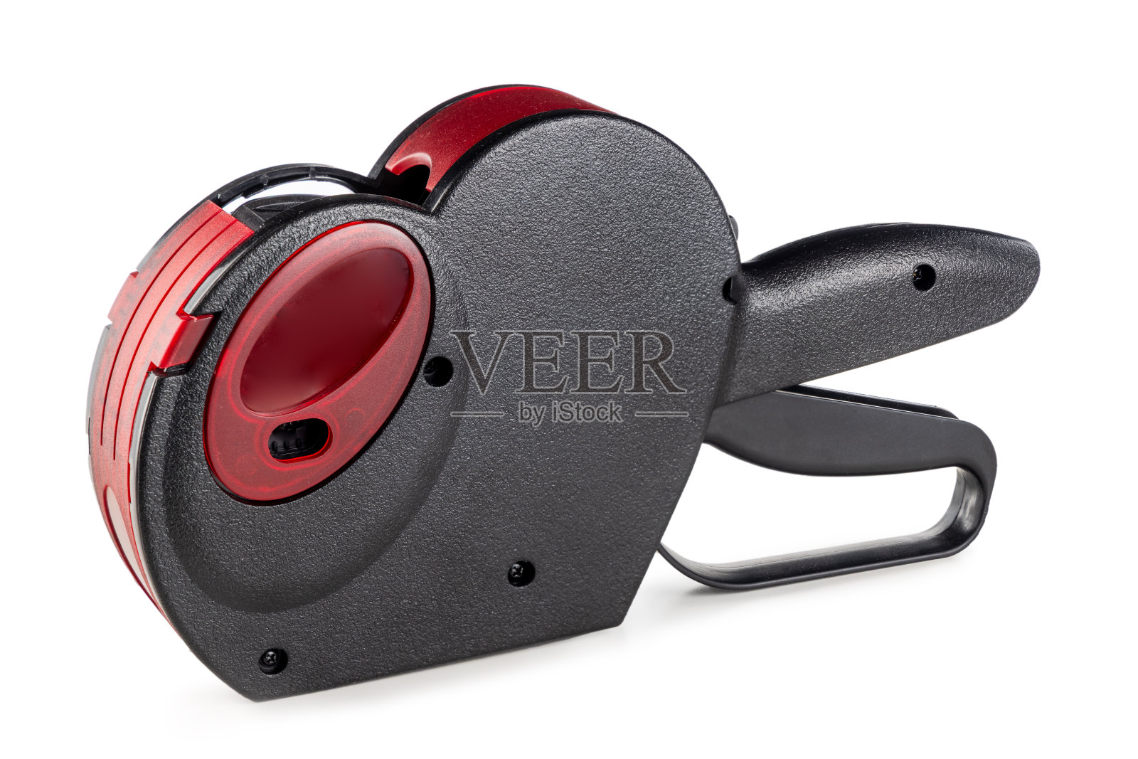 红黑设计的手持定价标签枪，适用于零售，背景为白色。照片摄影图片