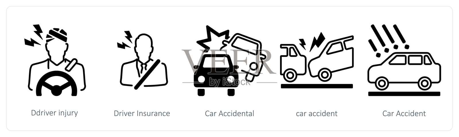 一组包含5个混合图标，主题为驾驶员受伤、驾驶员保险和汽车事故插画图片素材