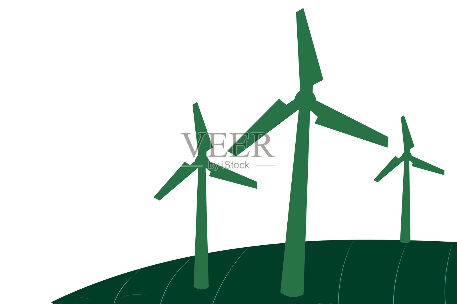 平面绿色插图，展示了白色背景下山丘上的风力涡轮机插画图片素材