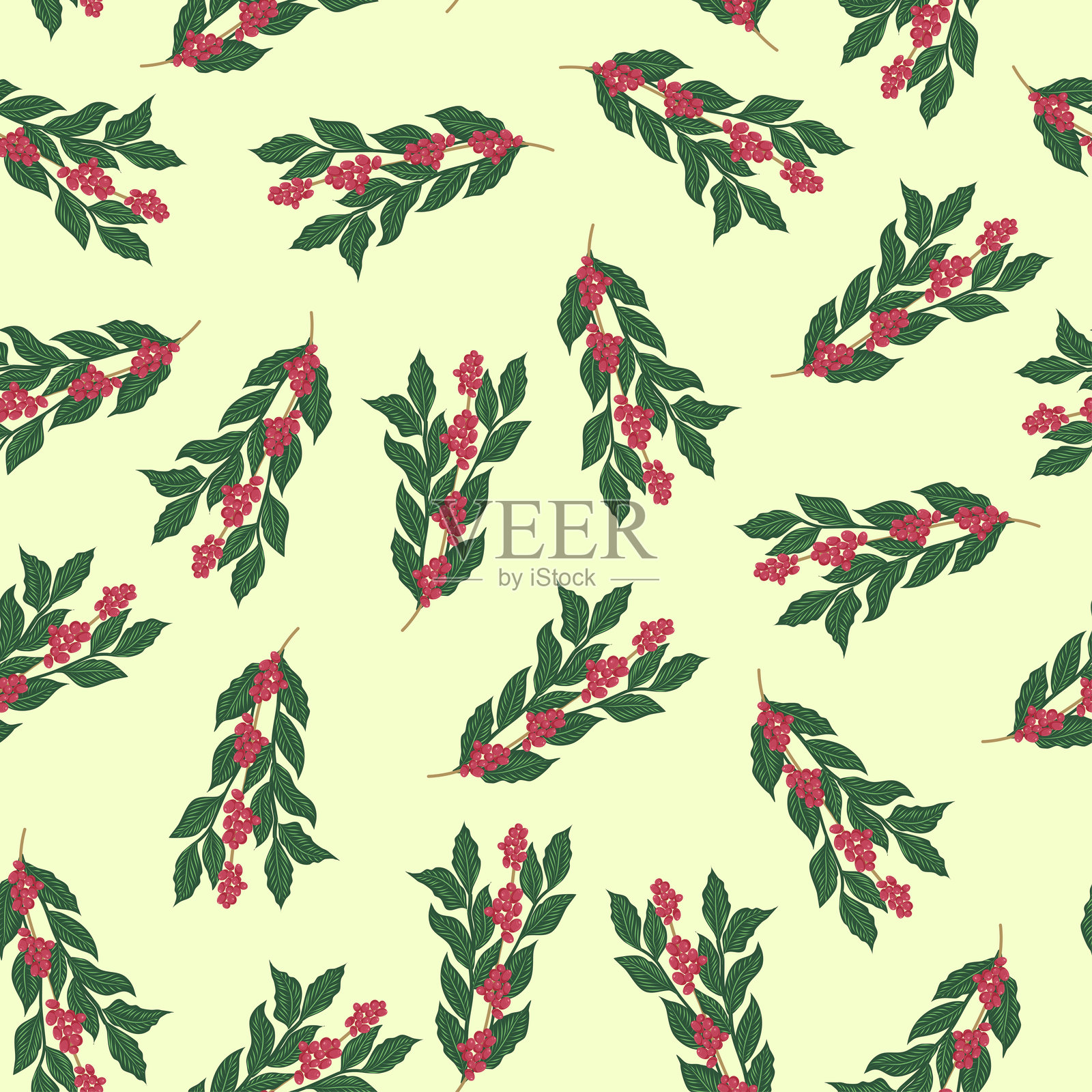 咖啡植物无缝图案，带有红色浆果和绿色叶子。适用于壁纸、面料、纺织品和包装的花卉和植物设计。矢量插图。插画图片素材