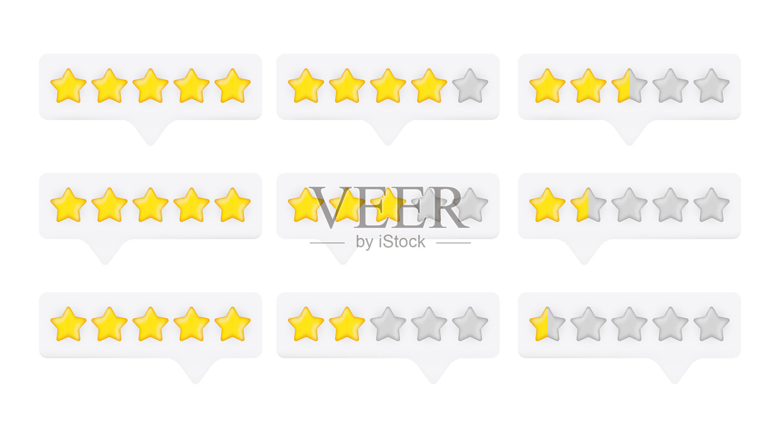 3D五颗星评级评论与金色图标 - 客户反馈、服务质量、满意度评分、评估等级、对话气泡矢量插图插画图片素材