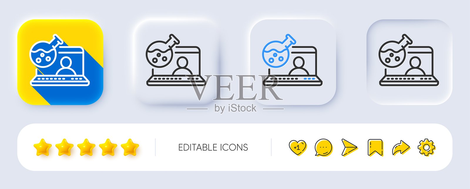 在线化学实验室线条图标。实验室烧瓶标志。分析。拟物化按钮。矢量图。插画图片素材
