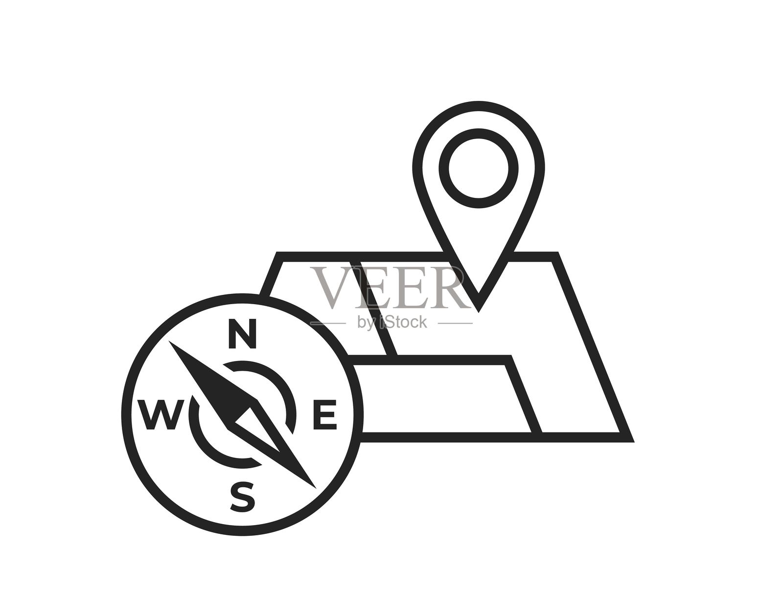 指南针和地图与位置图钉线条图标。旅行、定位和导航符号。旅游设计的矢量图像。插画图片素材