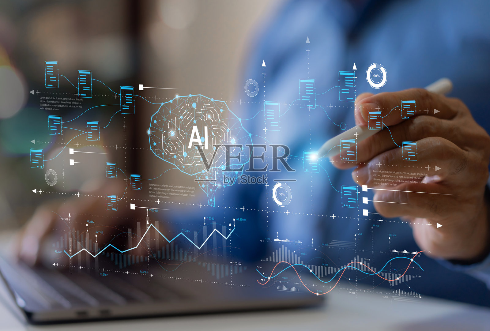 人工智能技术概念，包括人工智能聊天机器人、生成智能系统、机器人、深度学习网络、数字助手、机器学习、算法、创新和数据处理照片摄影图片