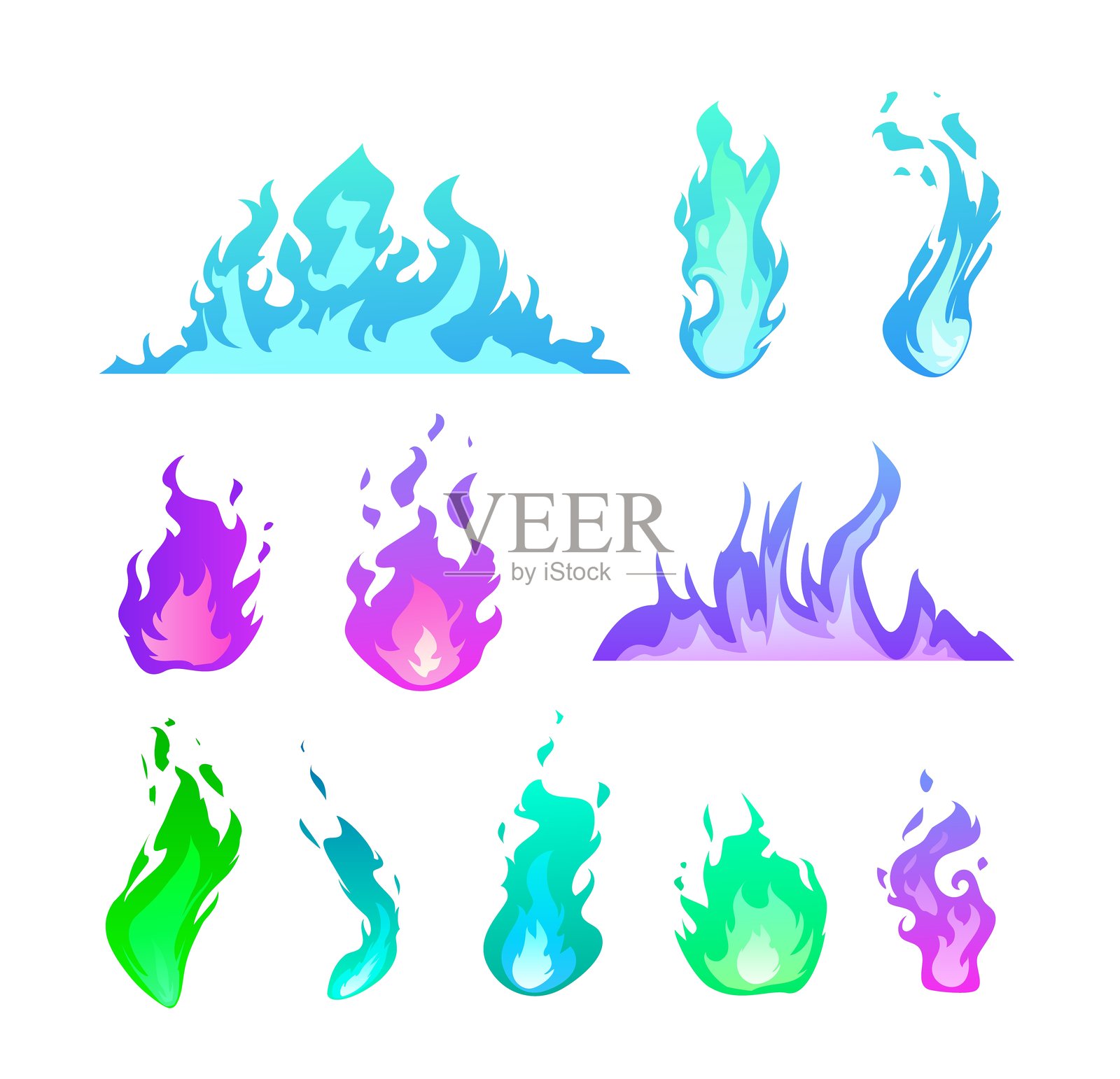 五彩斑斓的魔法火焰集合。插画图片素材