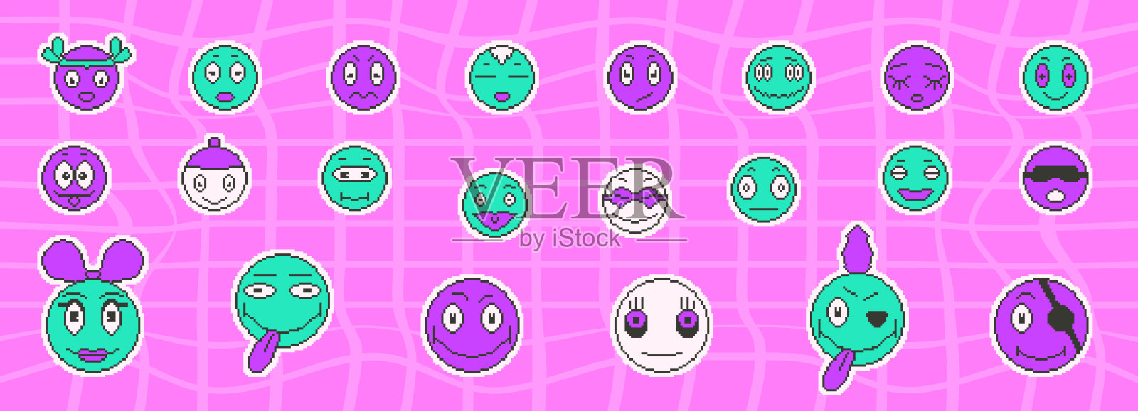 像素艺术游戏中充满活力的微笑面孔。8位复古角色元素。90年代像素风格的搞笑表情。矢量快乐的Y2K圆形贴纸插图。良好的感觉和表情符号。插画图片素材