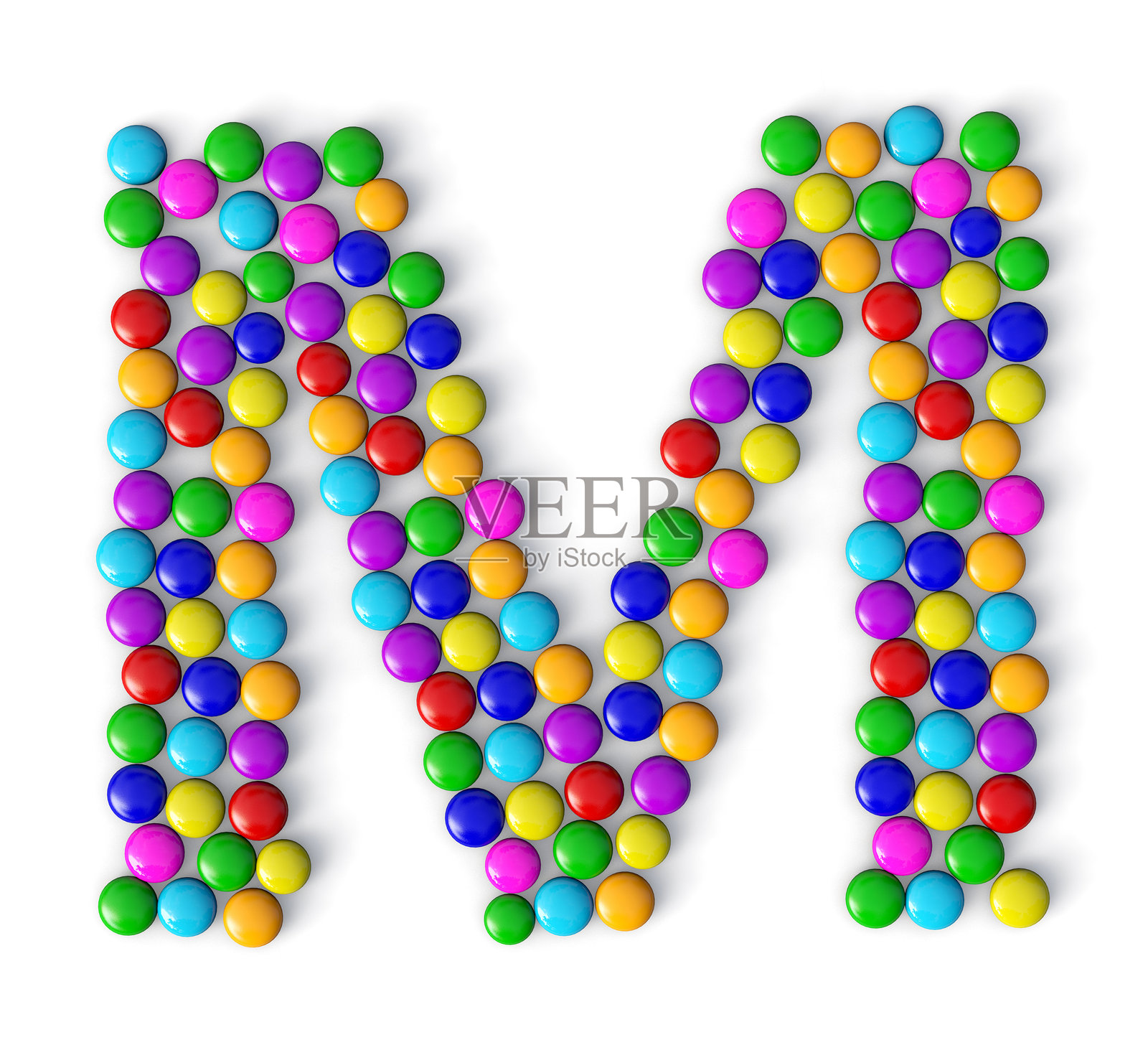 由五彩巧克力糖果制成的字母M，背景为白色。3D巧克力糖果字母。3D插图。照片摄影图片