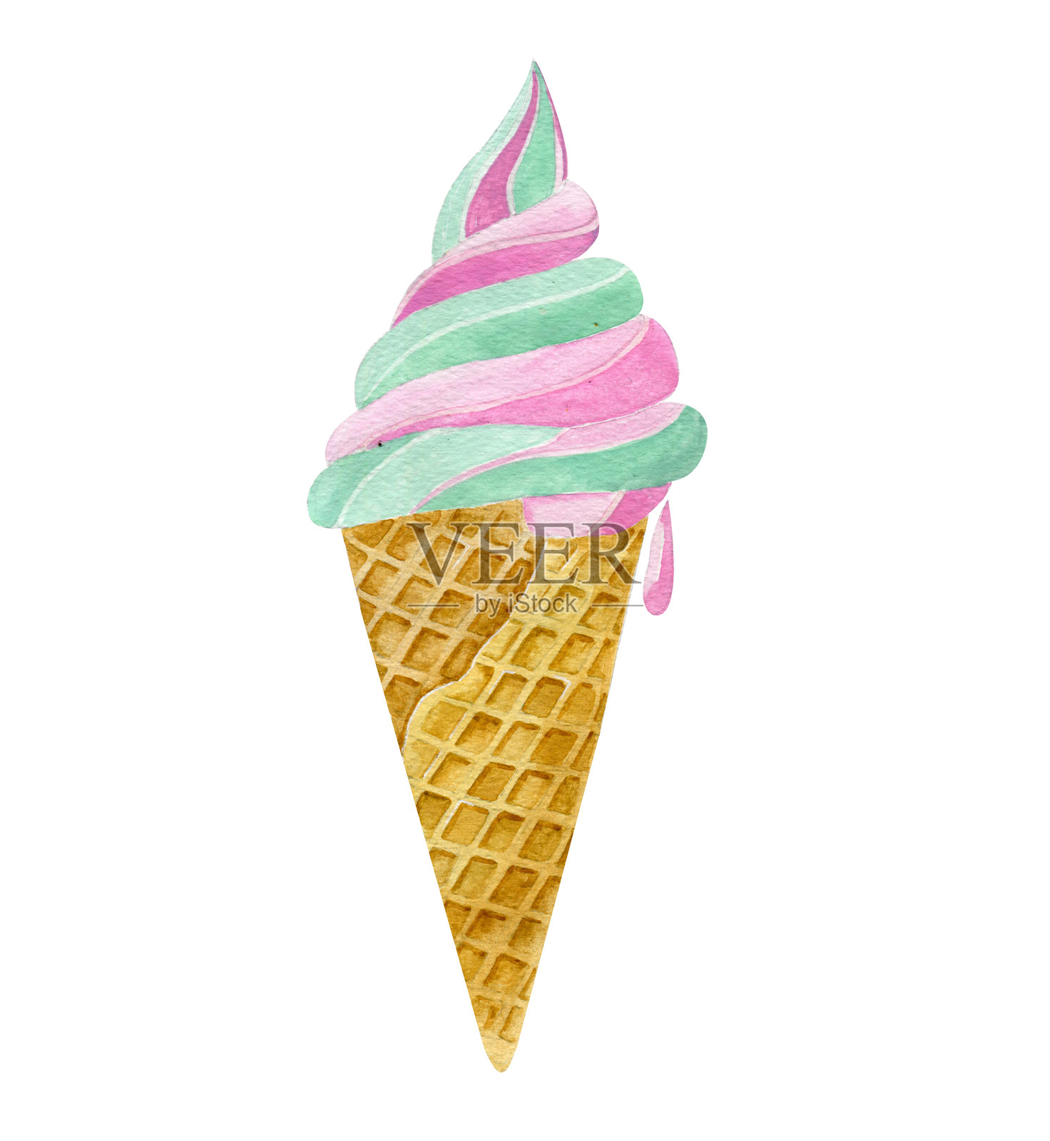 水彩冰淇淋在华夫筒中，孤立在白色背景上。夏季冷甜点。插画图片素材