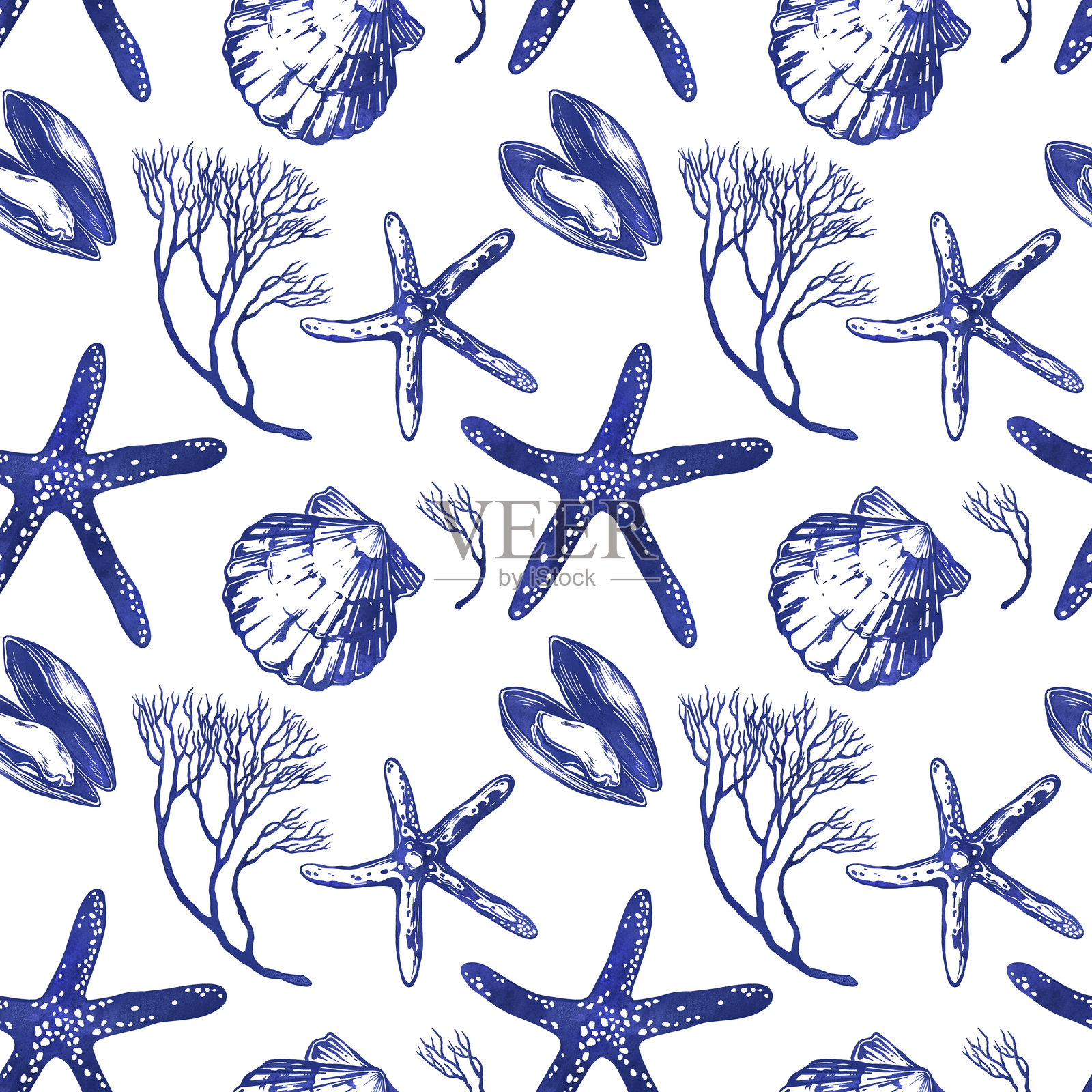 复古蓝色海洋图案与海洋生物插画图片素材