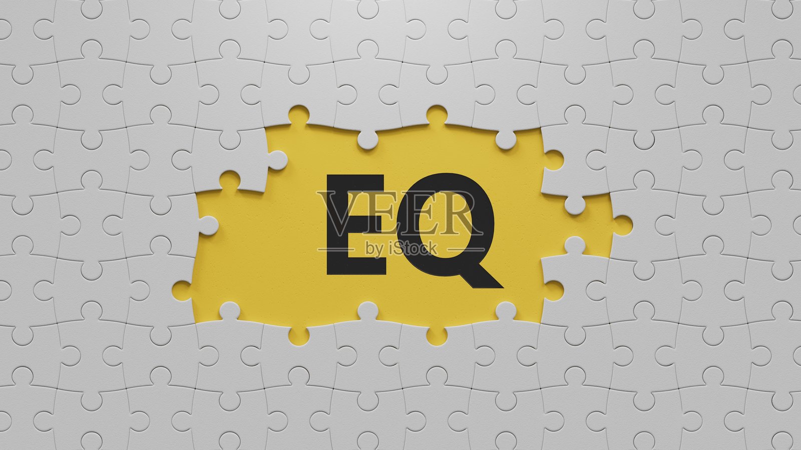3D插图展示了用粗体字母表示的情商（EQ），传达了情感智力和清晰度。白色拼图块中有缺失的部分。3D渲染在黄色背景上。照片摄影图片