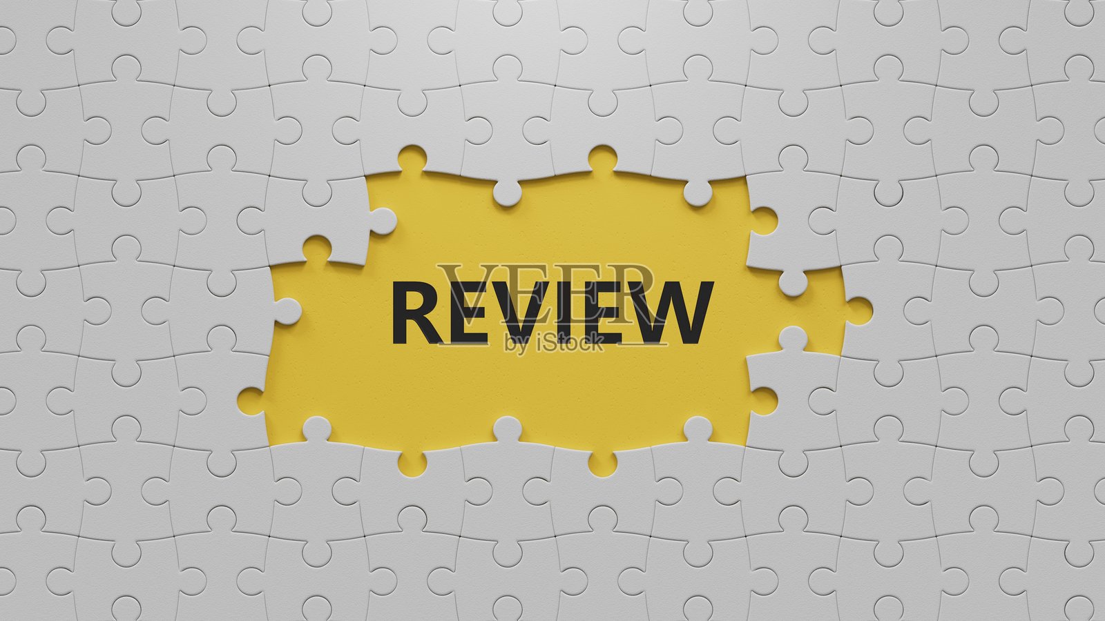 3D插图：白色拼图缺失的拼块特写，3D渲染于黄色背景上。照片摄影图片