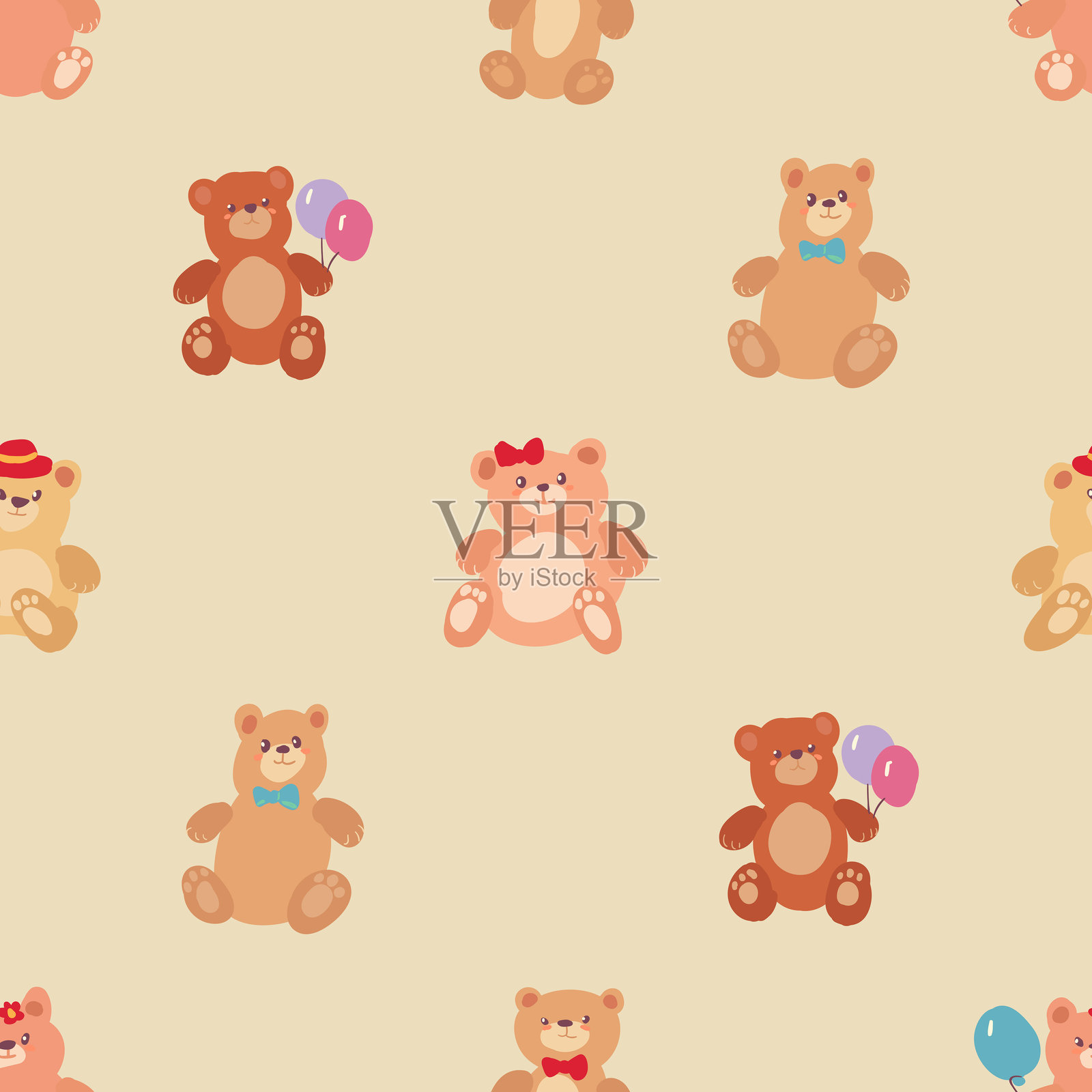 棕色和白色的泰迪熊手持气球，形成无缝图案插画图片素材