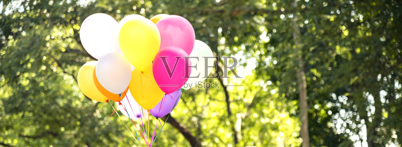 横幅 快乐可爱的女孩手持气球在绿色草地上奔跑，白云和蓝天中洋溢着幸福。全景 手握五彩气球，快乐时光，夏日阳光，户外留白空间。照片摄影图片