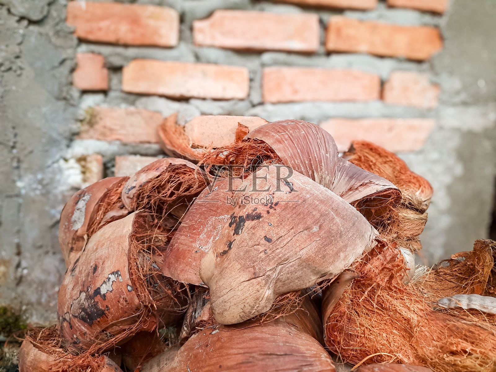 干椰子壳堆的特写，用于燃料和手工艺品制作照片摄影图片