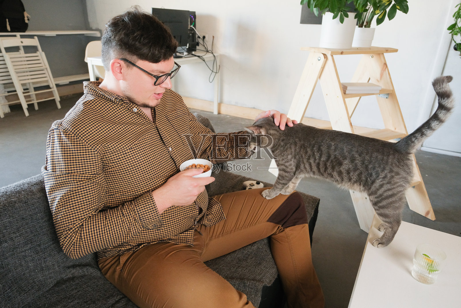 白人男性在玩视频游戏并抚摸他的猫照片摄影图片