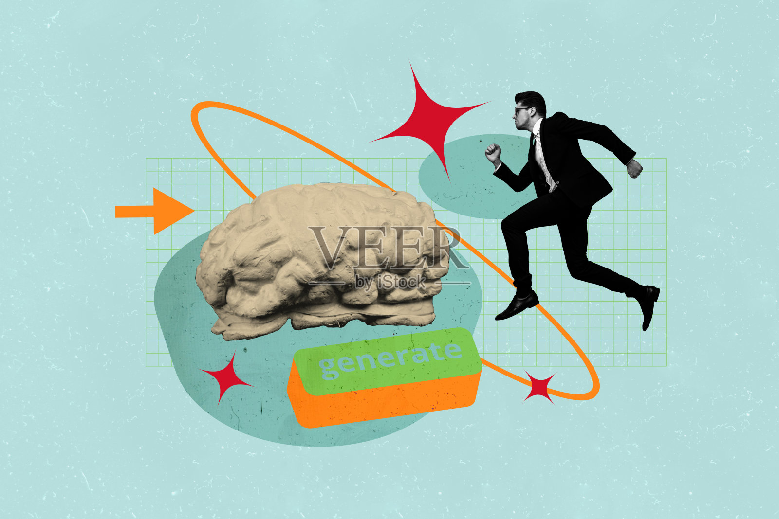 艺术图像：全3D流行照片拼贴，快乐的女孩和男孩奔跑，脑部器官，人工智能应用软件按钮生成照片摄影图片