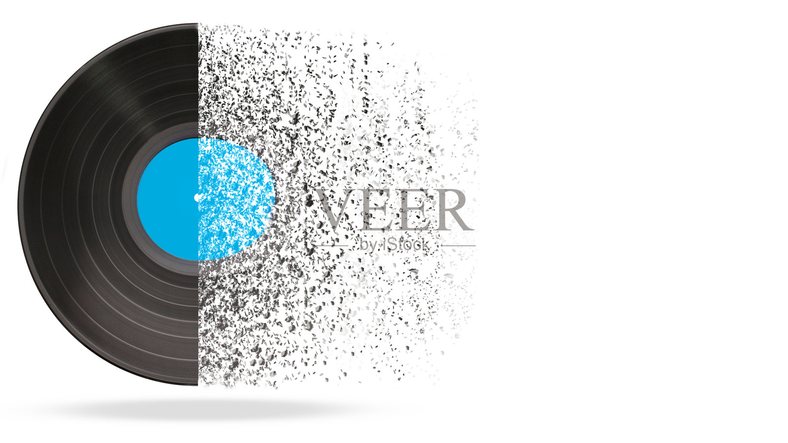 半张黑胶唱片在白色背景上溶解成颗粒，作为抽象音乐概念照片摄影图片