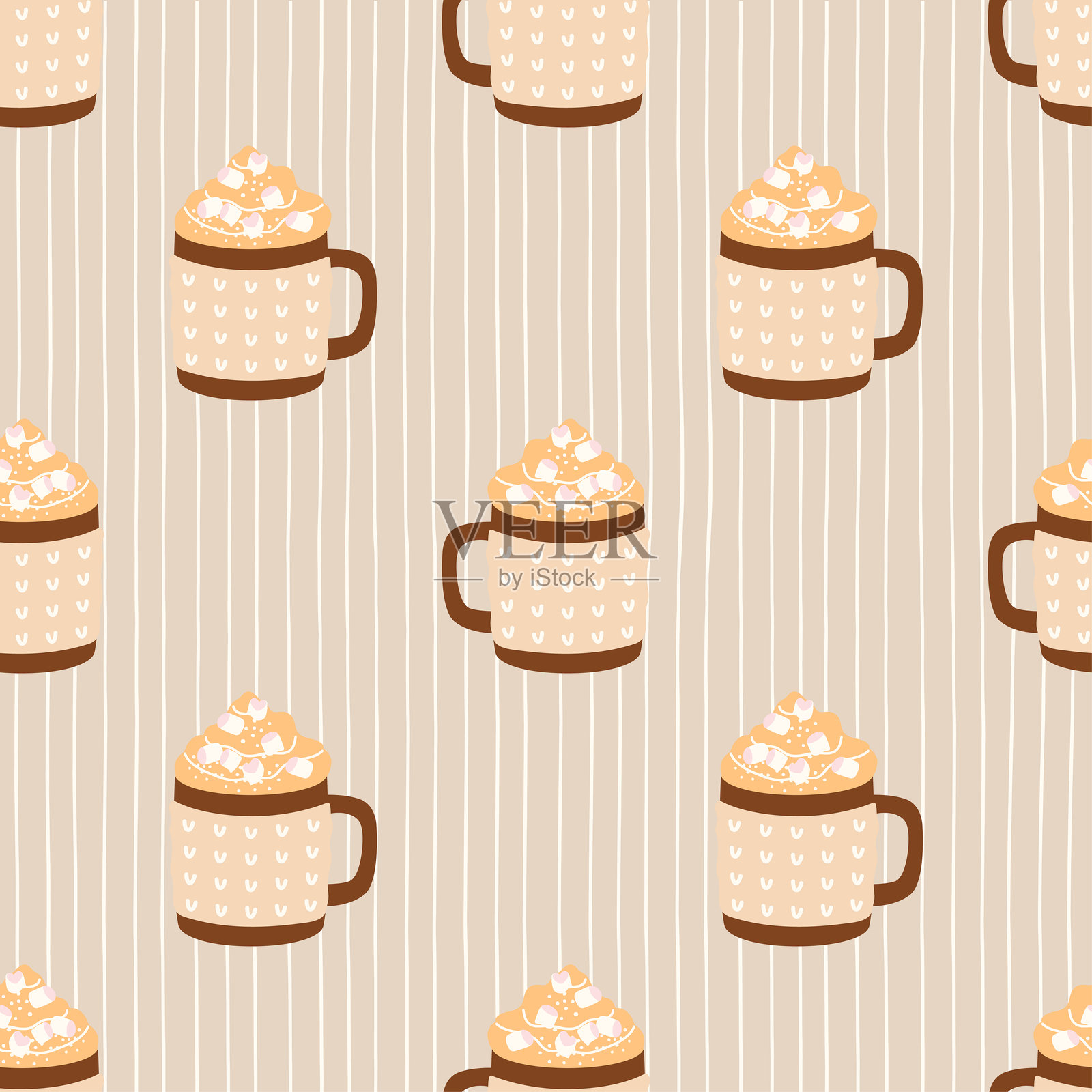 无缝秋季矢量图案，包含茶、可可和咖啡杯，色调温馨。非常适合季节性纺织品、包装纸和热饮设计。插画图片素材