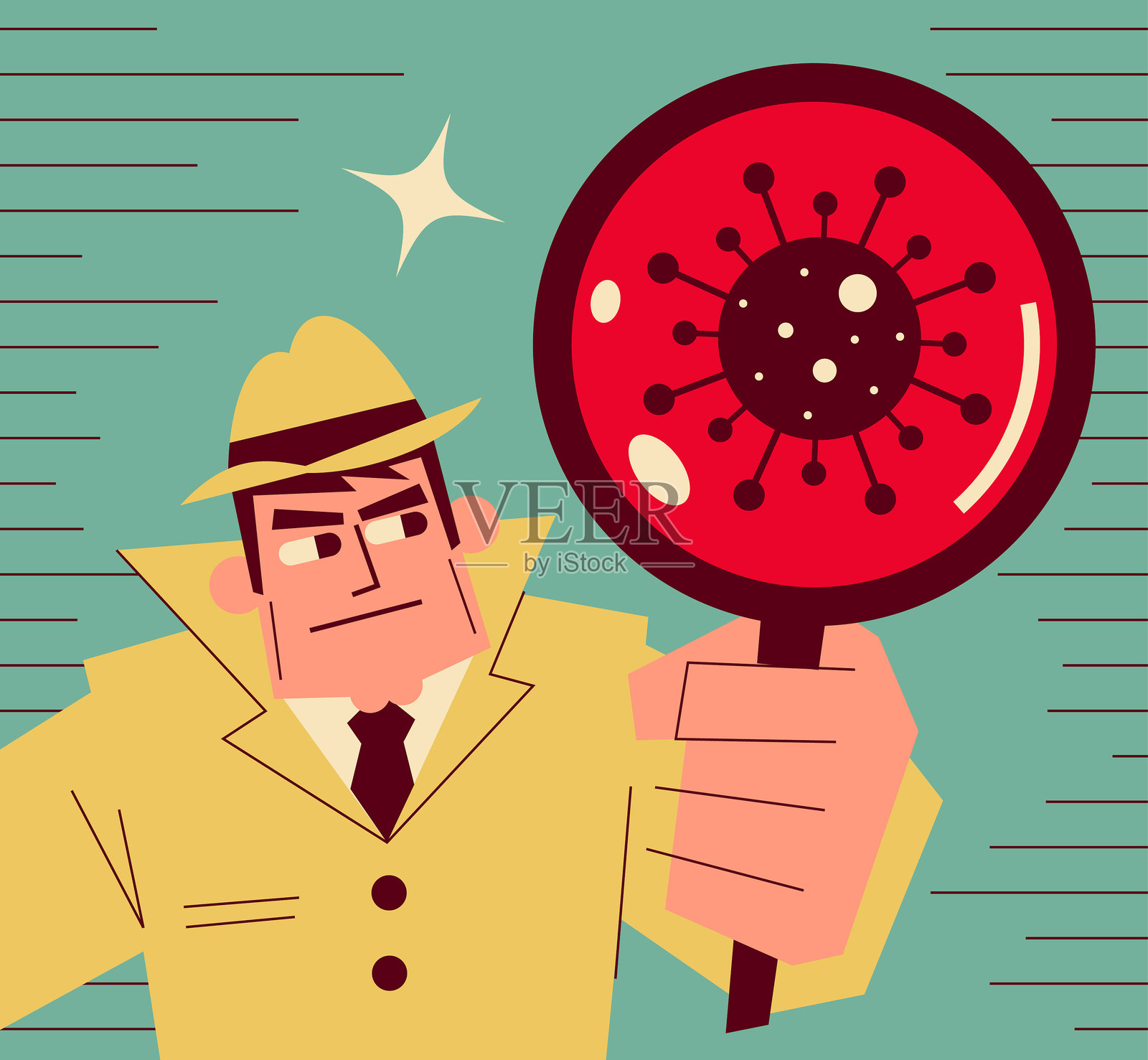 一位强大的侦探，穿着风衣和帽子，手持放大镜发现了一个大病毒，包括冠状病毒和计算机病毒。扁平色彩，极简风格。插画图片素材