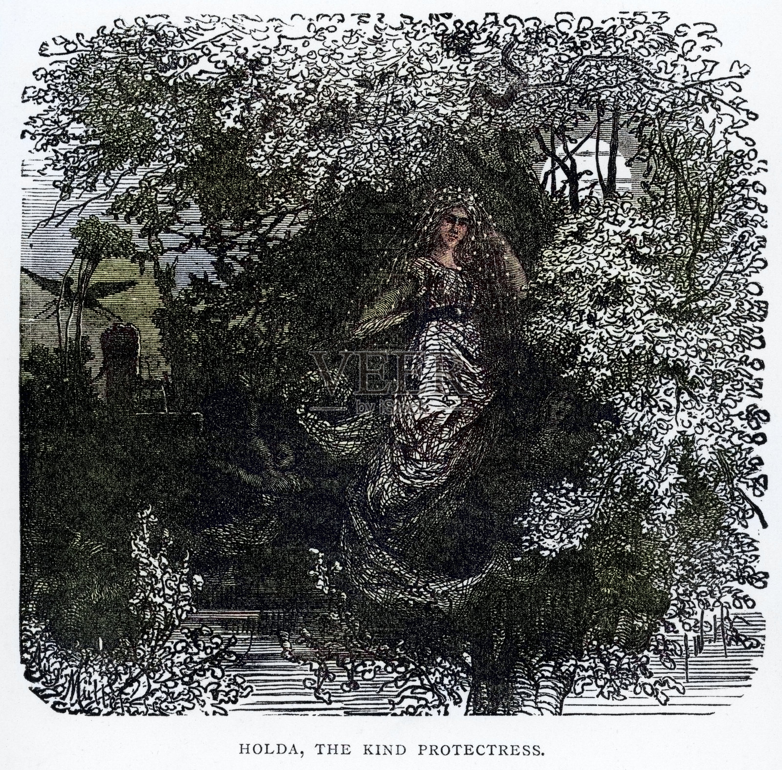 北欧神话，复古插图，善良的保护者霍尔达插画图片素材
