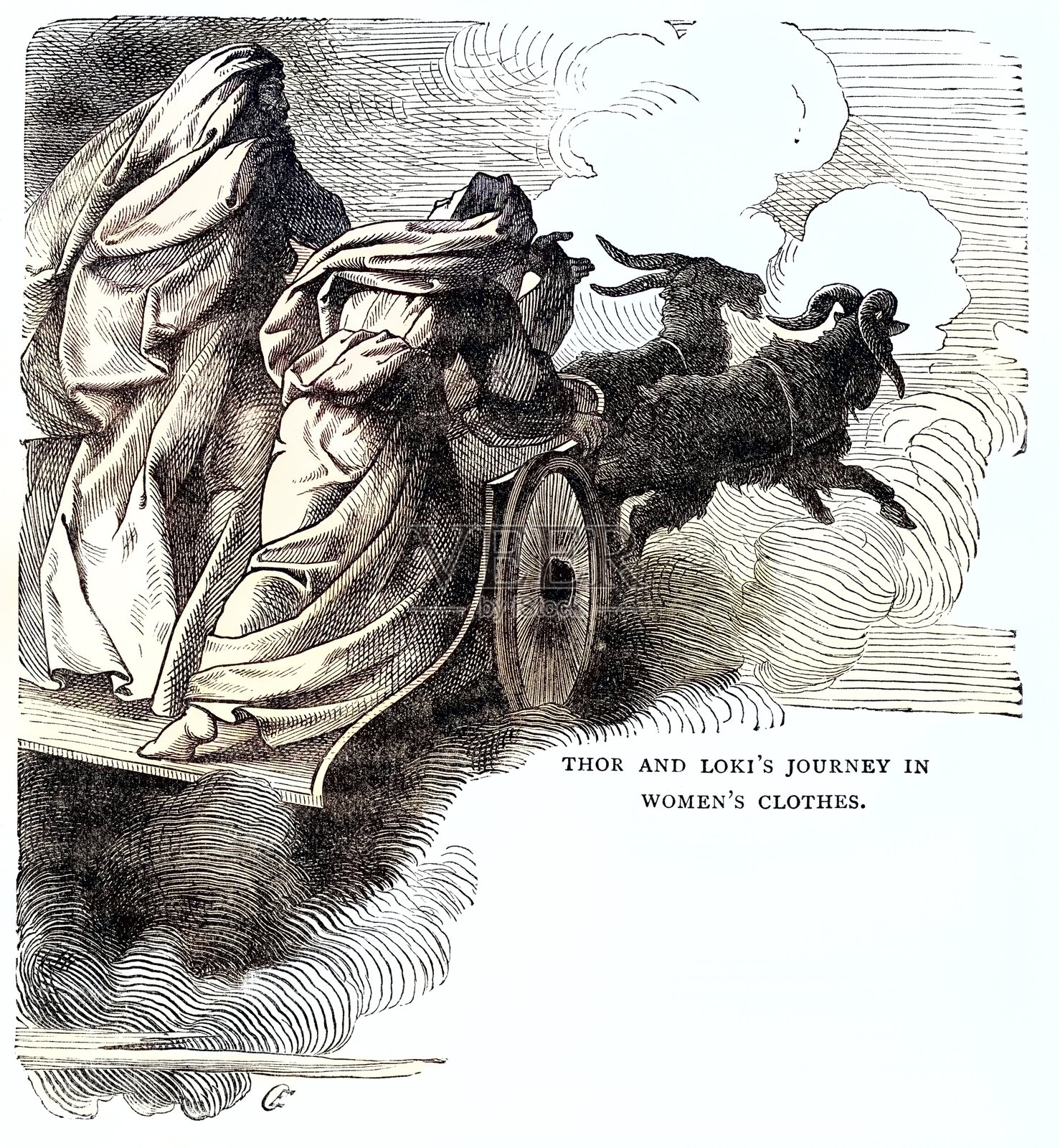 北欧神话，复古插图，托尔与洛基插画图片素材