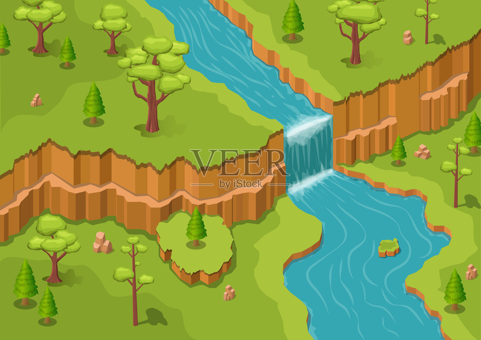 等距自然美丽的河流和瀑布插画图片素材