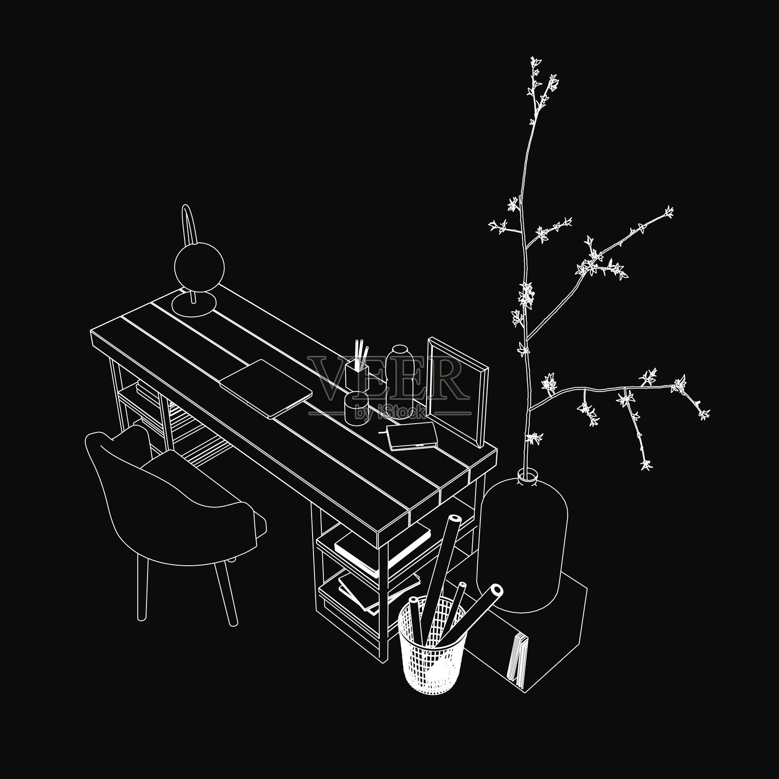 一幅黑白插图，描绘了一个舒适的工作场所，配有木制桌子、椅子和一个花瓶。桌子上放着一盏灯、一本打开的书、一个装有钢笔的笔筒以及各种物品。插画图片素材