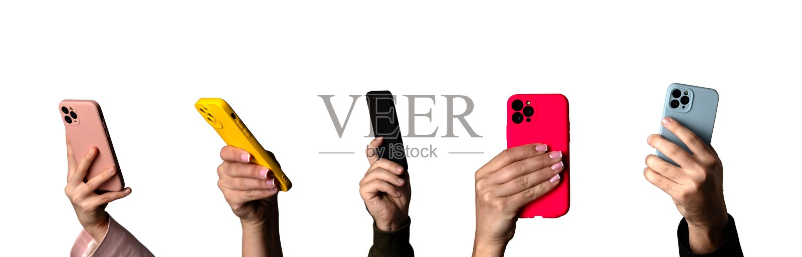 不同手握着各种颜色的智能手机照片摄影图片