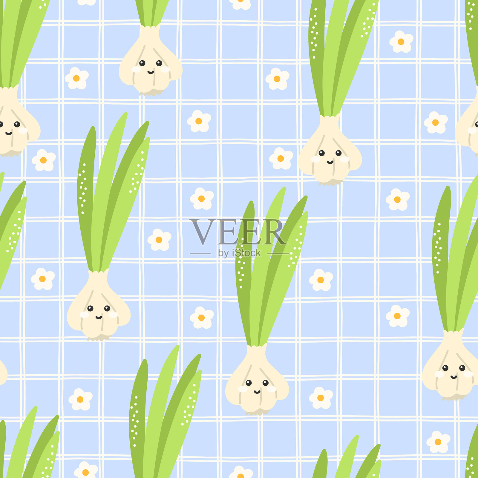 可爱的蒜头角色无缝图案。非常适合农场食品主题、素食插图和趣味包装。插画图片素材