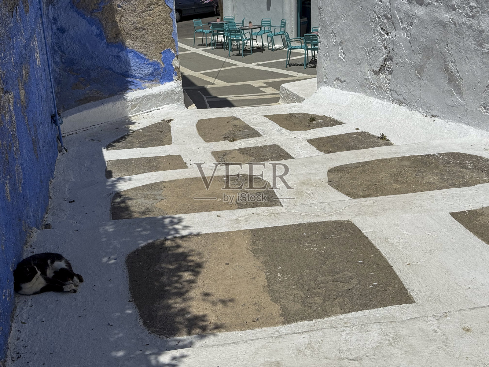 在莱罗斯岛的街道上睡觉的猫照片摄影图片