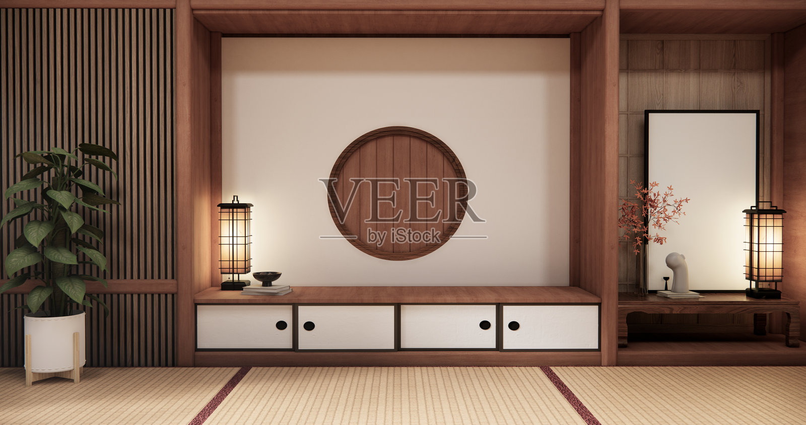 榻榻米地板，日式传统风格房间。3D渲染照片摄影图片