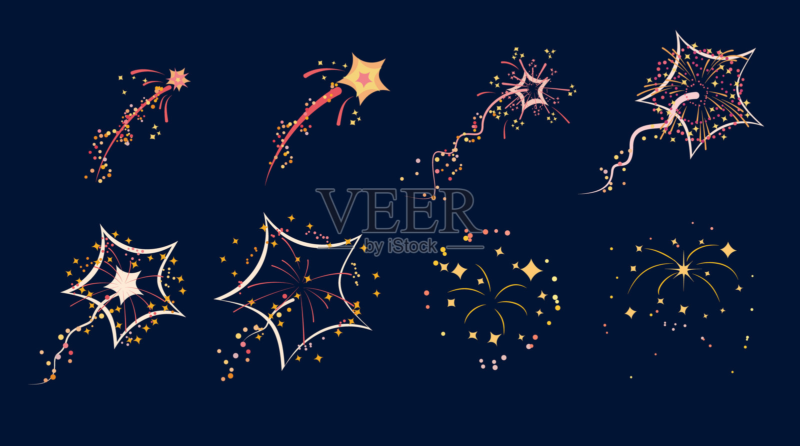 黑色背景上的星形彩色烟花矢量图集，带有火花插画图片素材