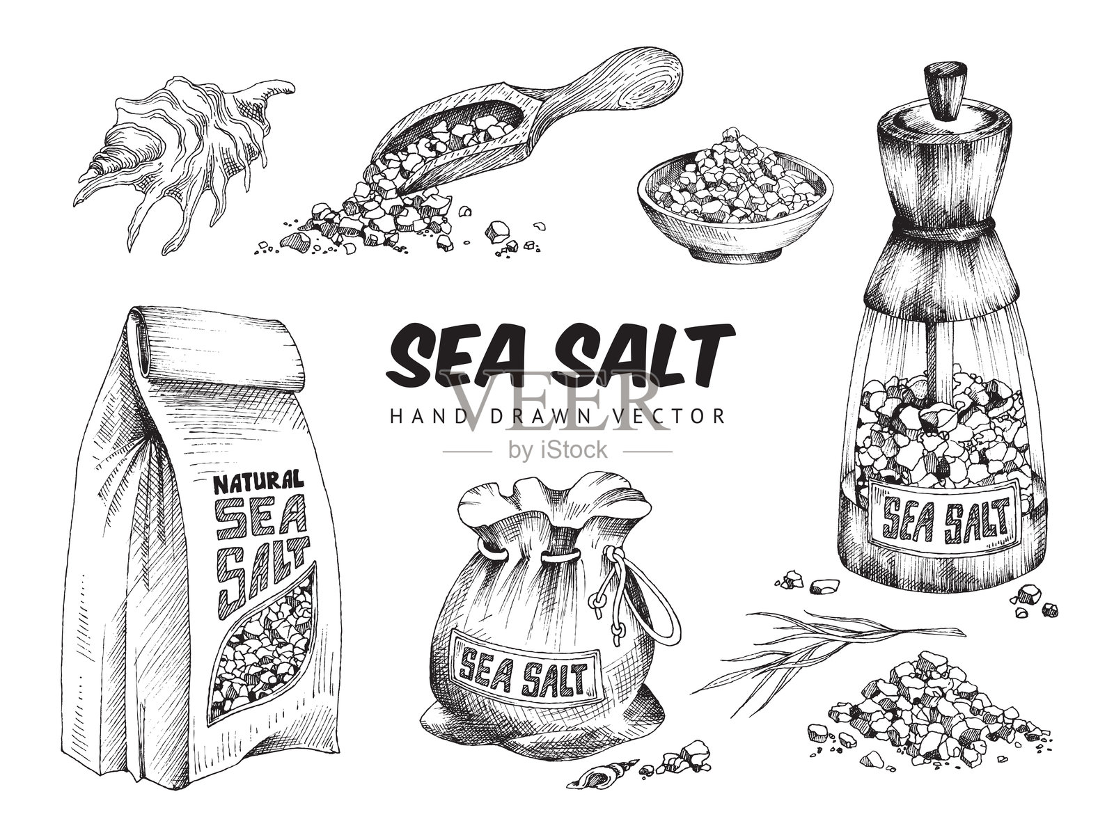 海盐包装和厨房用具，雕刻矢量插图，孤立展示。插画图片素材
