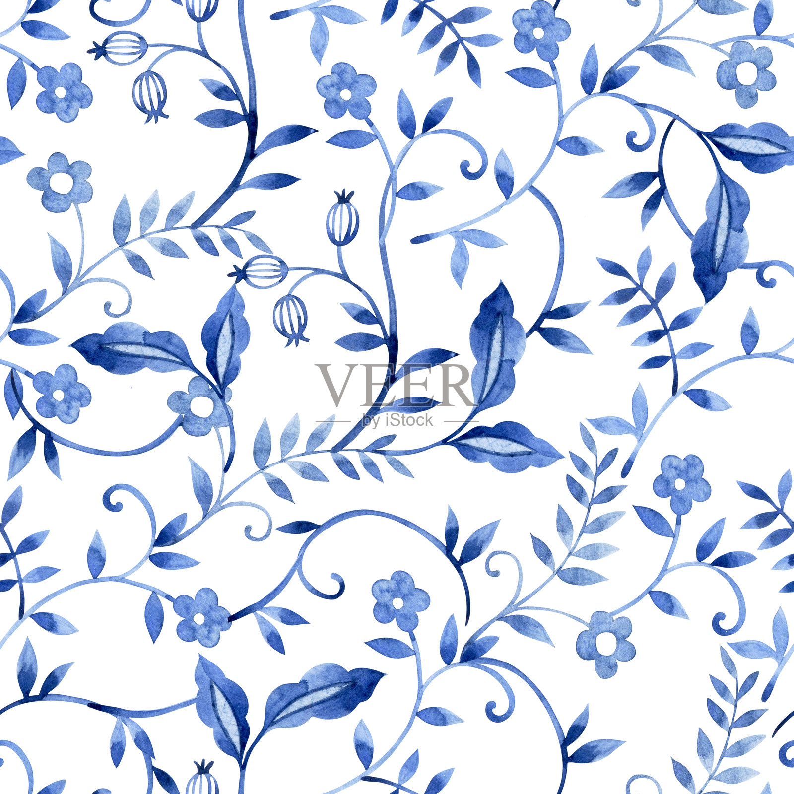 无缝水彩东方图案，蓝色印花，带有花卉和浆果。插画图片素材