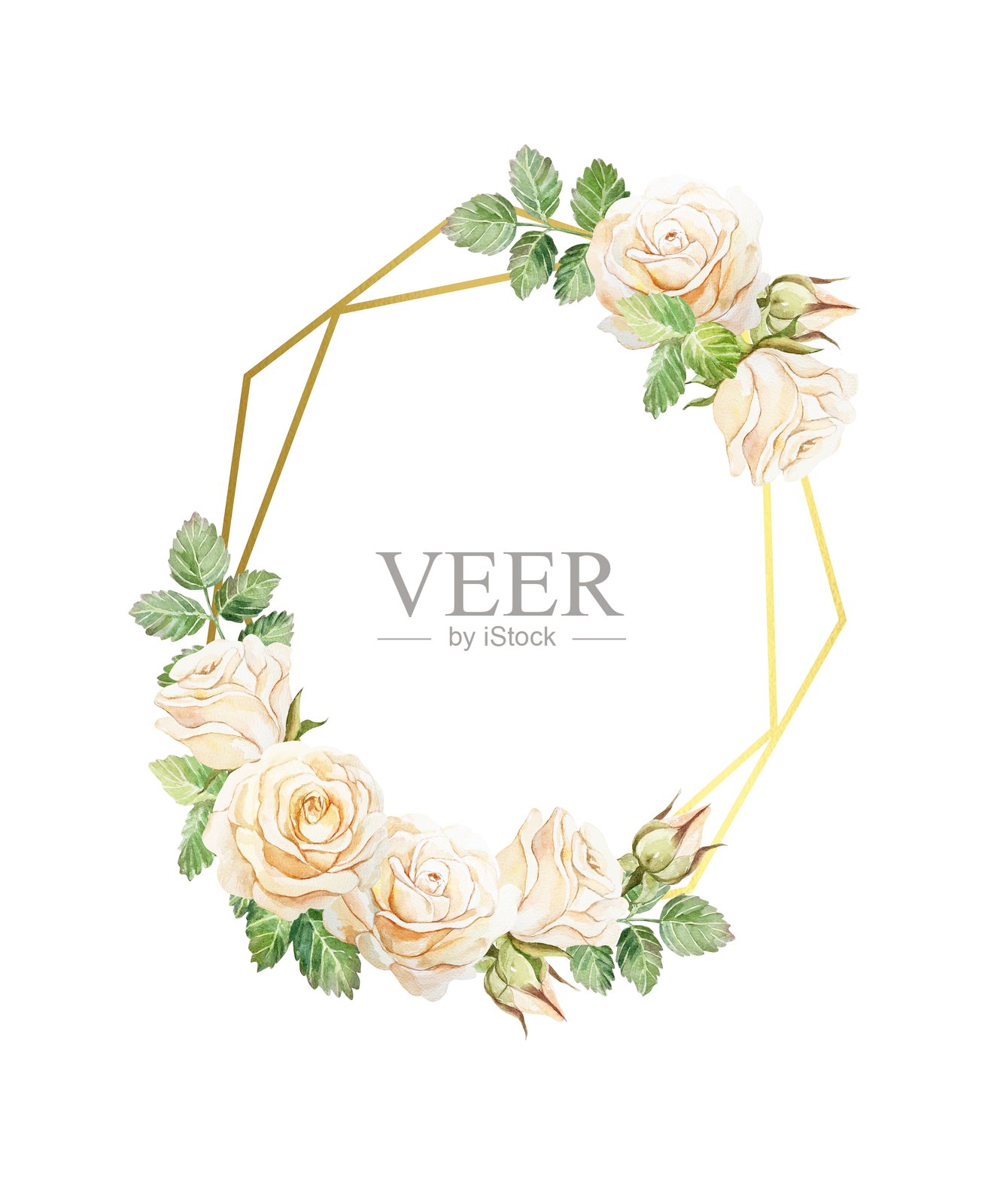 金色框架装饰着桃色粉玫瑰花。手绘水彩插图，背景为白色。适用于贺卡、保存日期、婚礼邀请函、标签、封面和横幅。插画图片素材