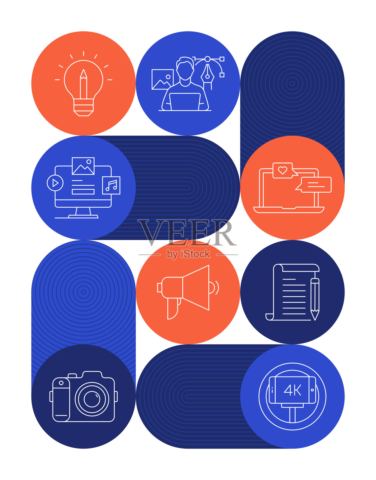 内容创作概念横幅设计。视频博客、照片、视频、分享、粉丝。插画图片素材