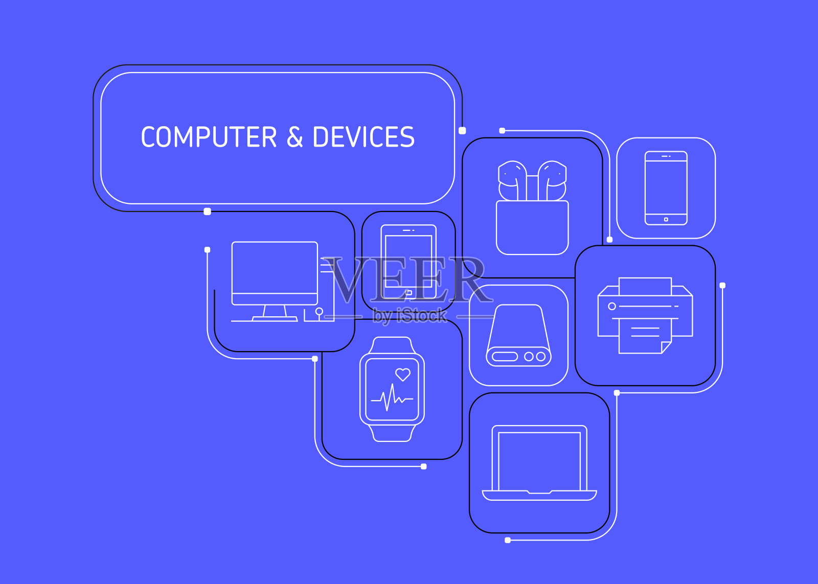 计算机和设备概念横幅设计。笔记本电脑、平板电脑、扬声器、相机、无人机插画图片素材