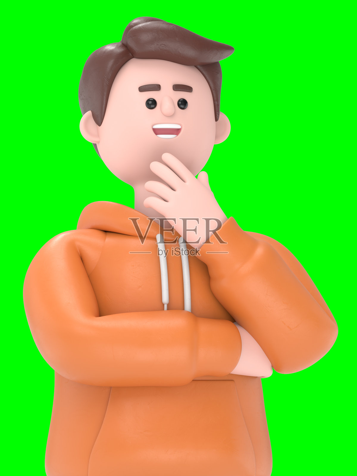 3D插图：男性角色Qadir被问号包围。绿幕模型。3D渲染在绿幕上，用于视频素材和抠图。照片摄影图片