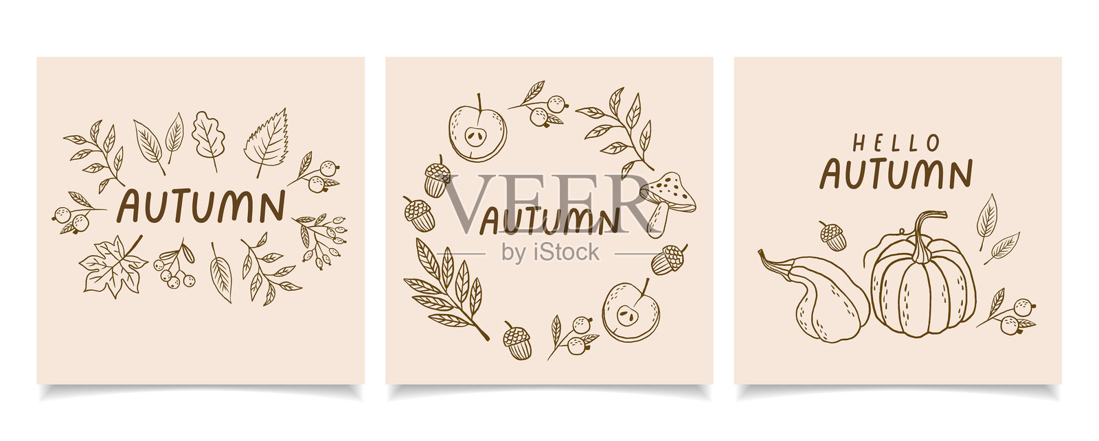 手绘秋季系列。叶子、浆果、南瓜。蜡笔画风格，秋季设计插画图片素材