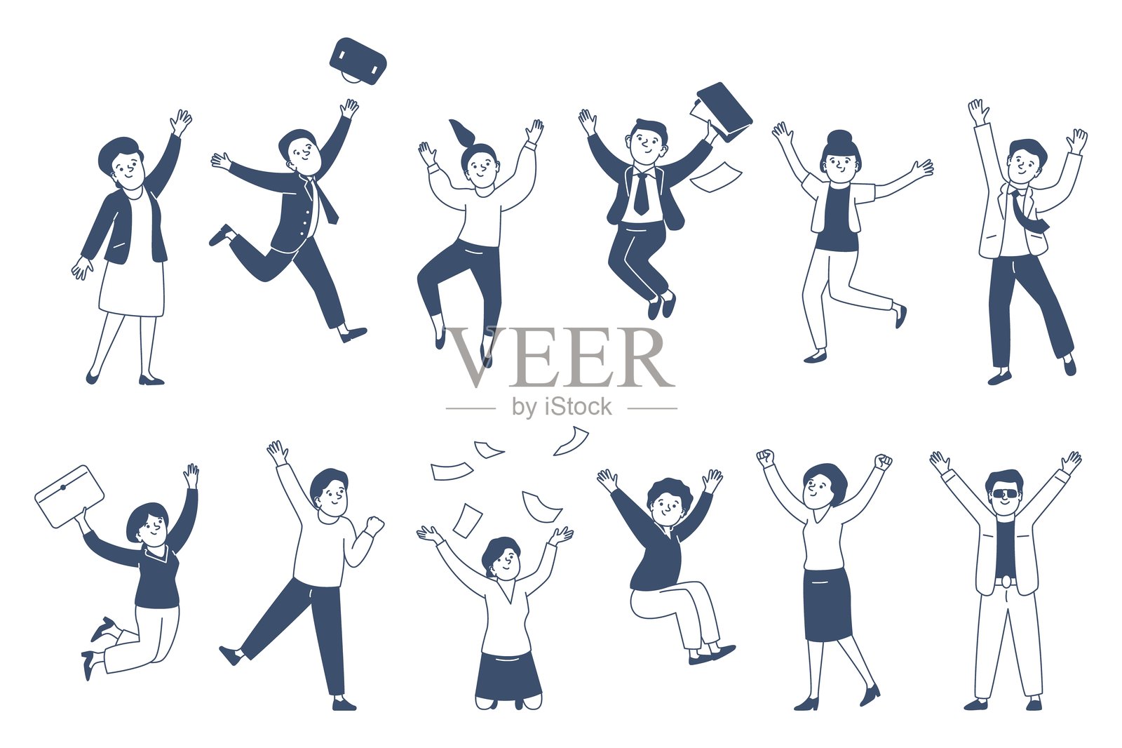 跳跃的商务角色。欢呼的办公室工作人员、青少年和成年人。人们跳跃并扔出文件纸张。活跃的姿势，最近的矢量图集。插画图片素材